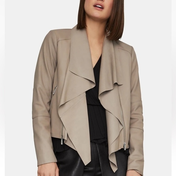 BCBG Maxazria  genuine Goat Leather Moto Jacket Taupe size XXS NWOT - Picture 2 of 7